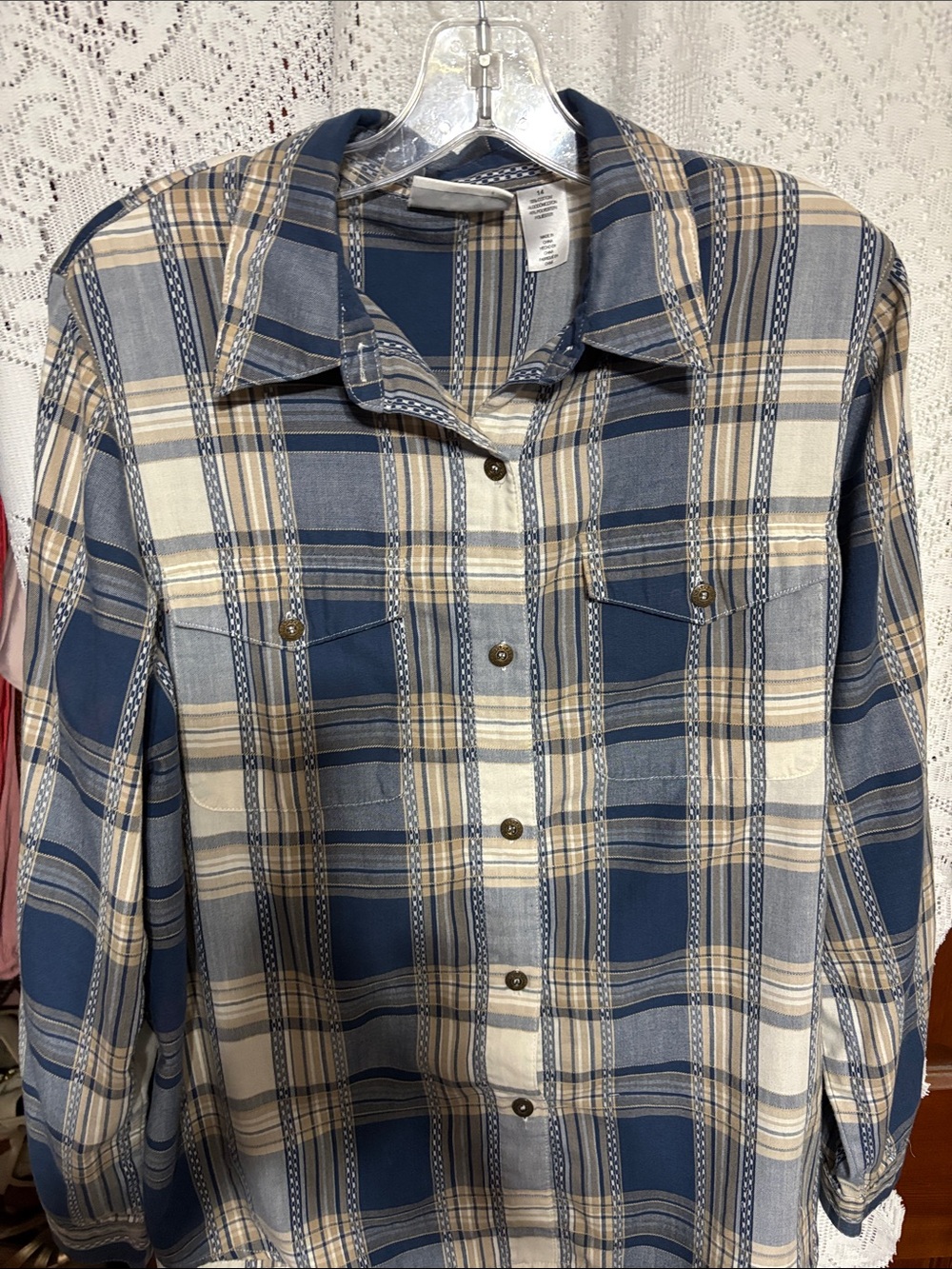 Alfred Dunner Blue and Cream Plaid Button-Down Shirt size 14